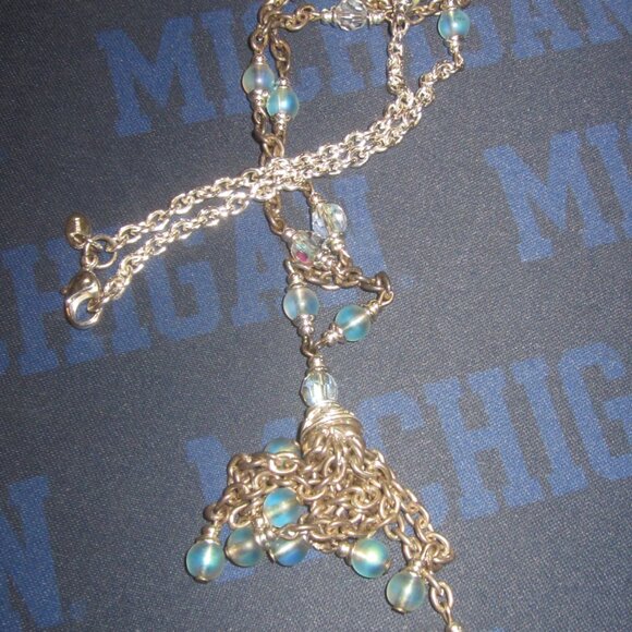Silver Tone Tassel Necklace with Blue & AB - Picture 4 of 4